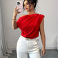 Ruched asymmetric neck blouse in red