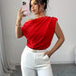 Ruched asymmetric neck blouse in red