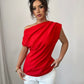 Ruched asymmetric neck blouse in red