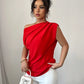 Ruched asymmetric neck blouse in red