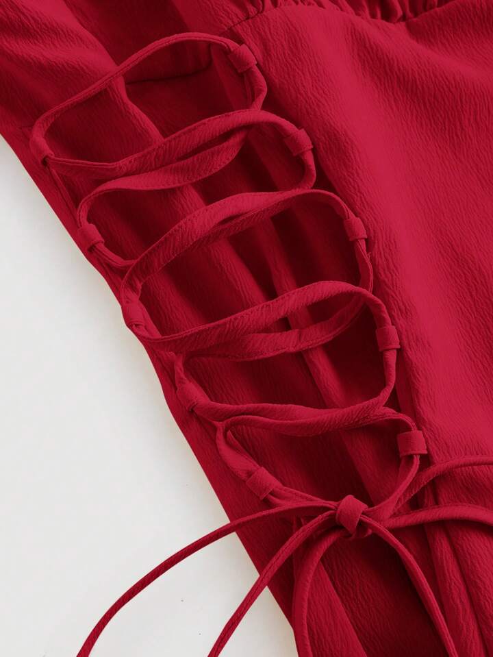 Ruched bust lace up dress in red