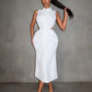Ruched button front hollow cut out sleeveless shirt dress in white