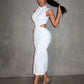 Ruched button front hollow cut out sleeveless shirt dress in white