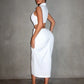 Ruched button front hollow cut out sleeveless shirt dress in white