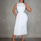 Ruched button front hollow cut out sleeveless shirt dress in white