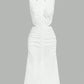 Ruched button front hollow cut out sleeveless shirt dress in white