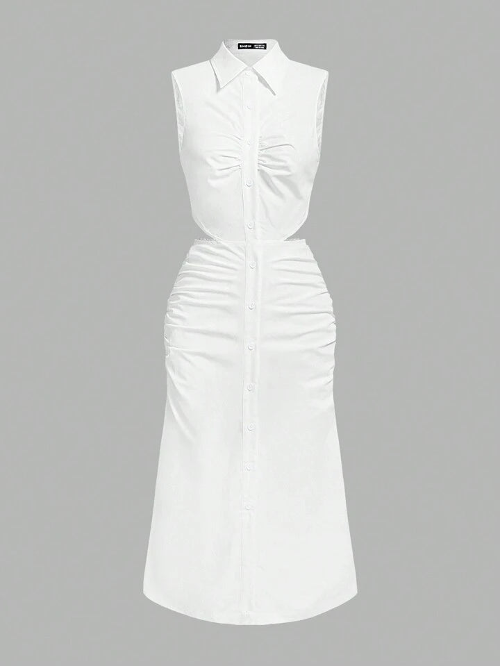 Ruched button front hollow cut out sleeveless shirt dress in white