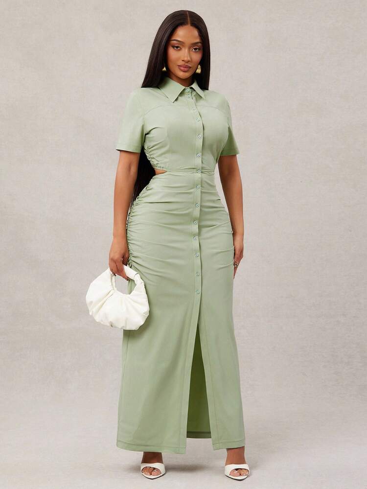 Ruched cutout waist shirt dress in green