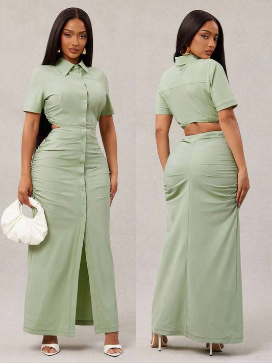Ruched cutout waist shirt dress in green
