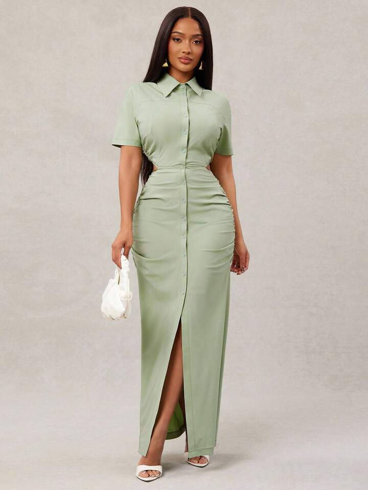 Ruched cutout waist shirt dress in green