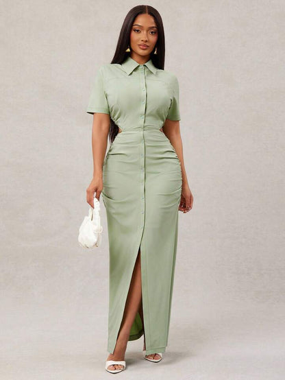 Ruched cutout waist shirt dress in green