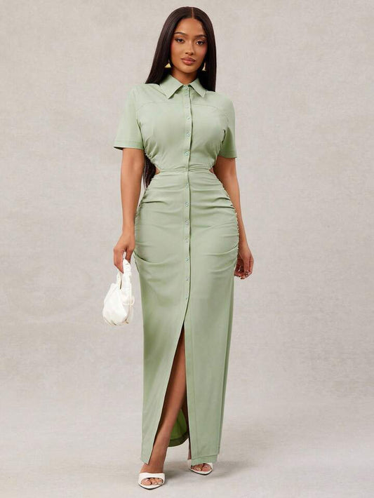 Ruched cutout waist shirt dress in green