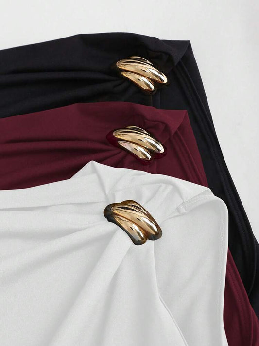 Ruched gold decor top in white