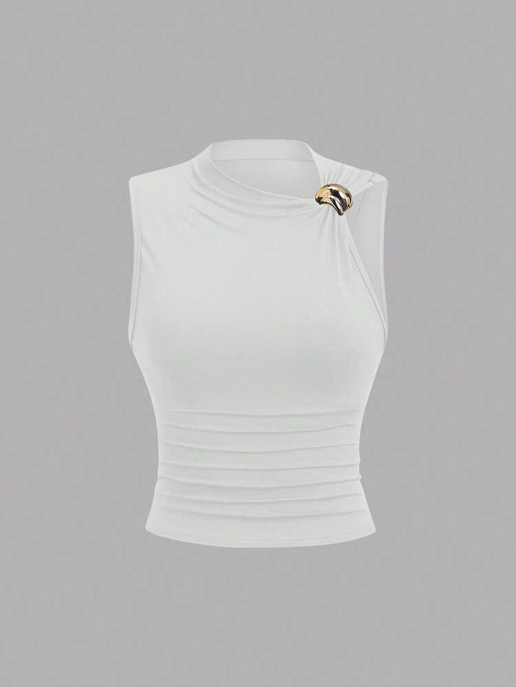 Ruched gold decor top in black