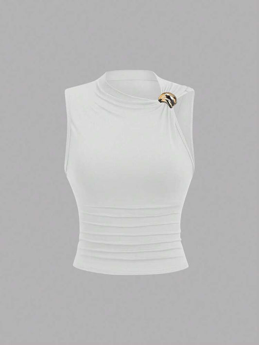 Ruched gold decor top in white