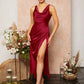 Ruched split thigh draped cross back dress in burgundy