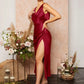 Ruched split thigh draped cross back dress in burgundy