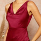 Ruched split thigh draped cross back dress in burgundy