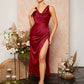 Ruched split thigh draped cross back dress in burgundy