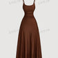 Ruched waist flared hem spaghetti strap dress in brown