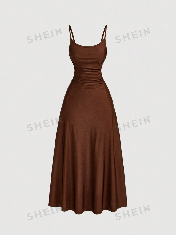 Ruched waist flared hem spaghetti strap dress in brown