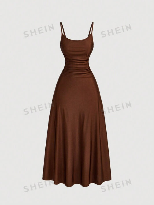 Ruched waist flared hem spaghetti strap dress in brown