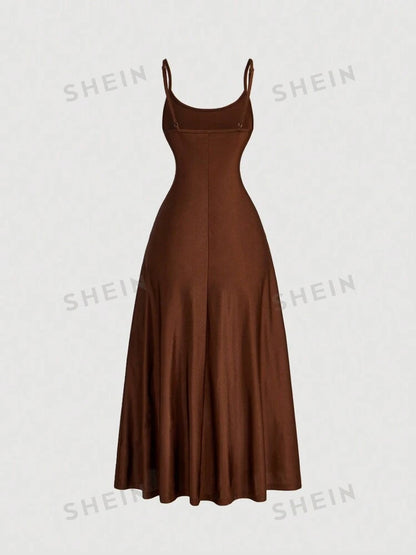 Ruched waist flared hem spaghetti strap dress in brown