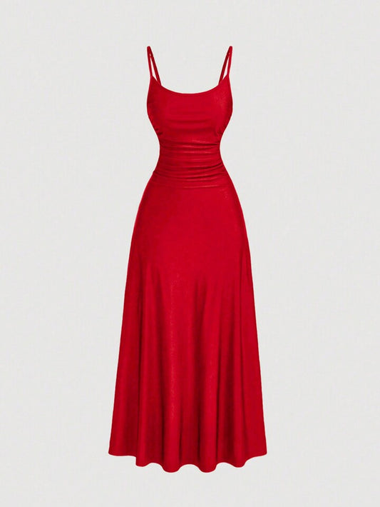 Ruched waist flared hem strap dress in red