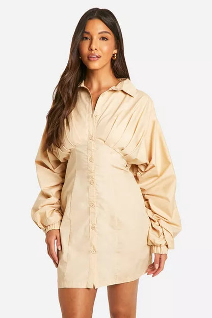 Ruched wide sleeve shirt dress in nude
