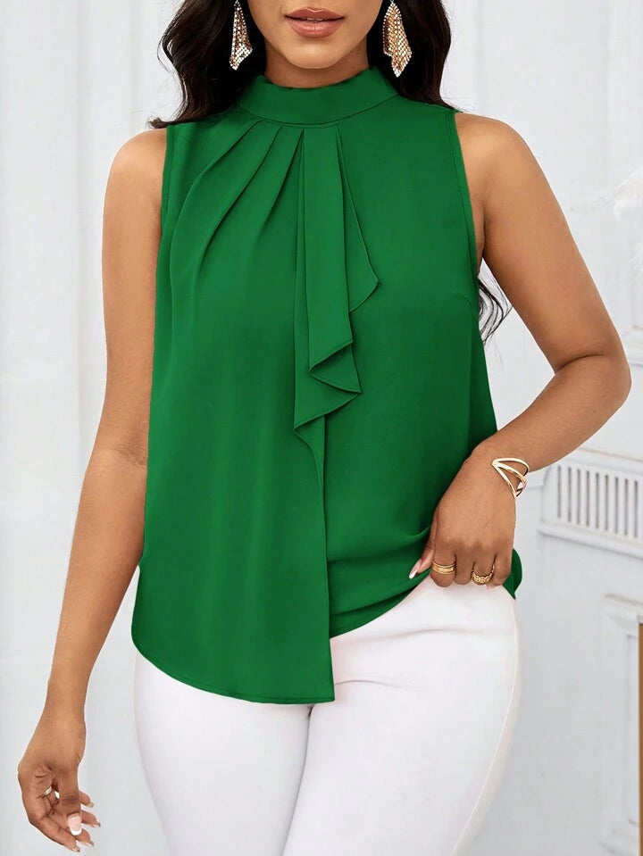 Ruffled collar open shoulder blouse in green