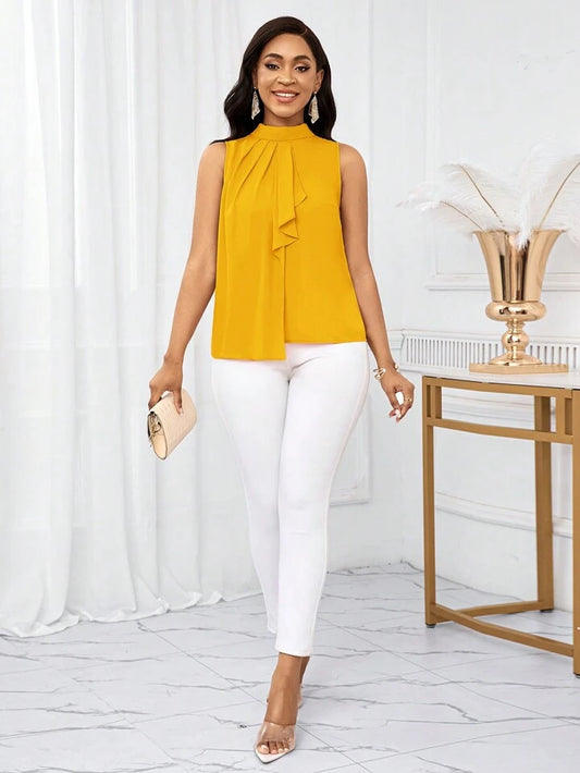 Ruffled collar open shoulder blouse in yellow