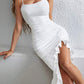 Ruffle decor trim spaghetti strap dress in white