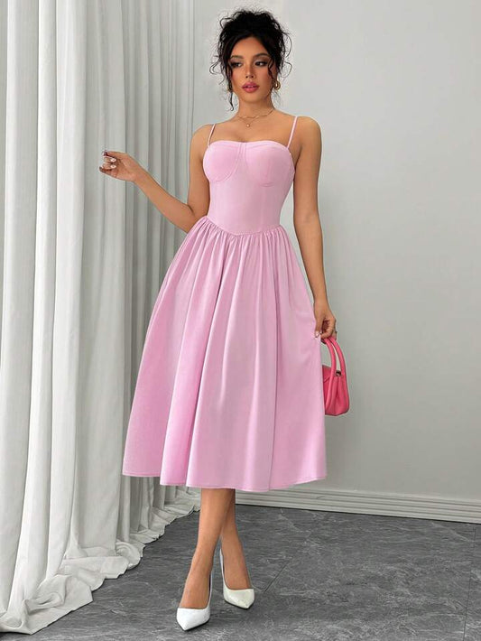 Ruffle hem spaghetti strap waist dress in pink