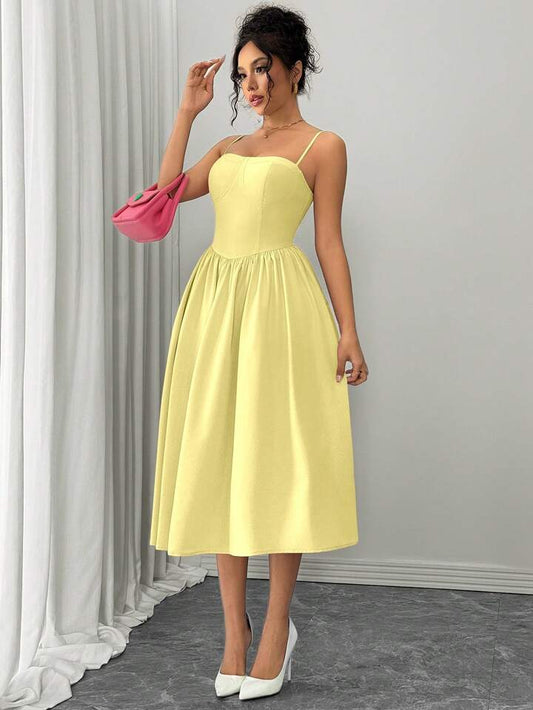 Ruffle hem spaghetti strap waist dress in yellow