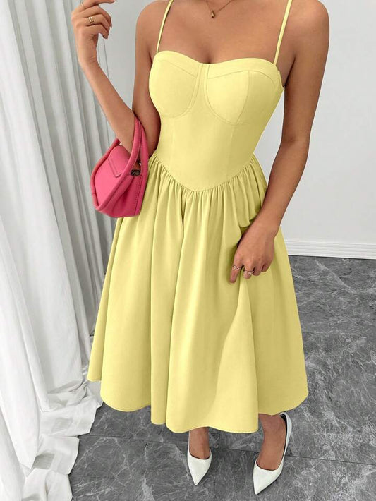 Ruffle hem spaghetti strap waist dress in yellow