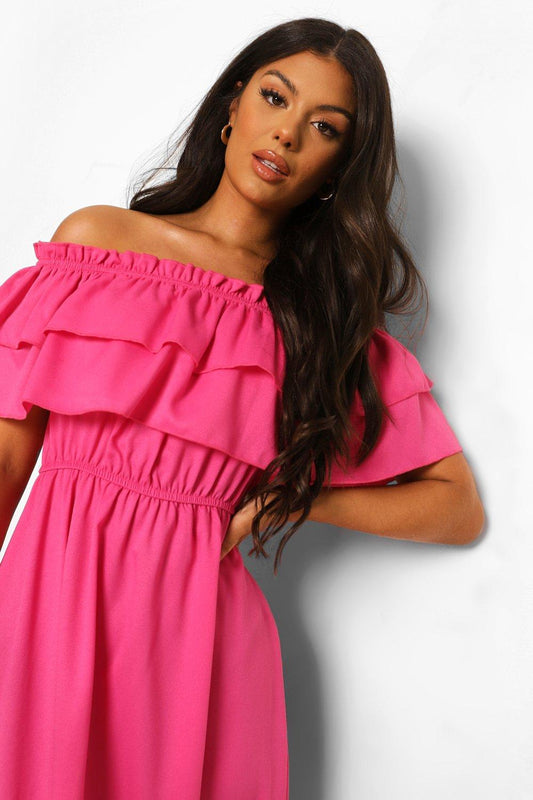 Ruffle off the shoulder maxi dress in pink