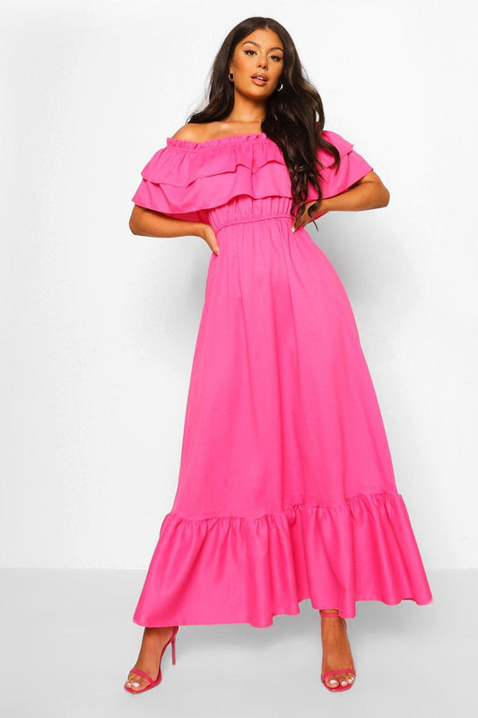 Ruffle off the shoulder maxi dress in pink