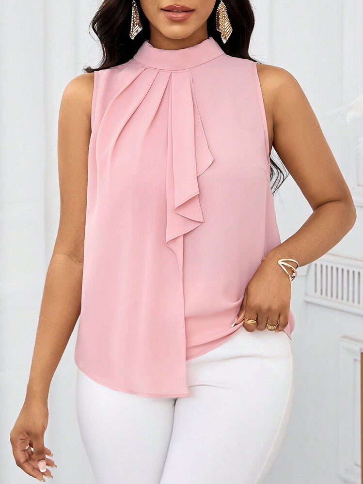 Ruffle open shoulder short sleeve blouse in pink