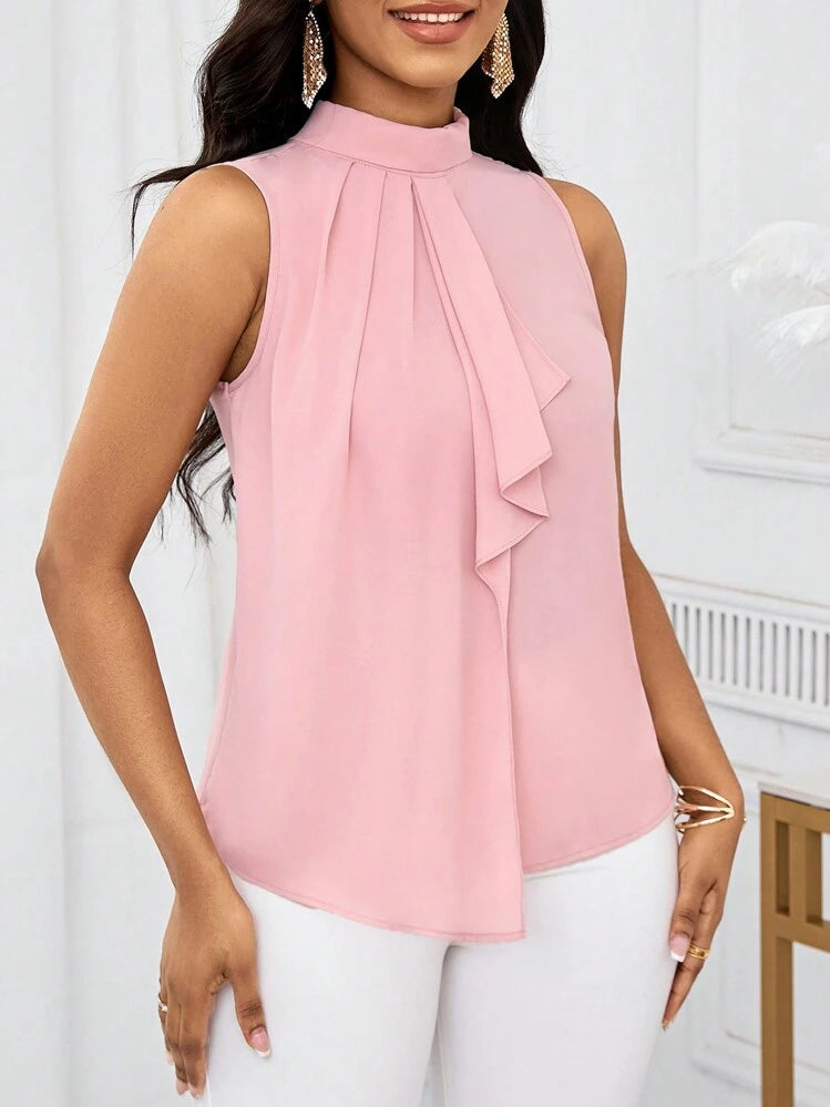 Ruffle open shoulder short sleeve blouse in pink