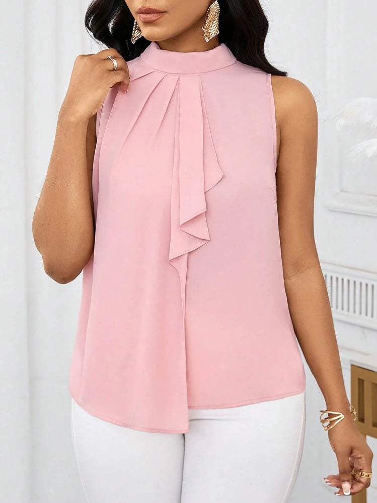 Ruffle open shoulder short sleeve blouse in pink