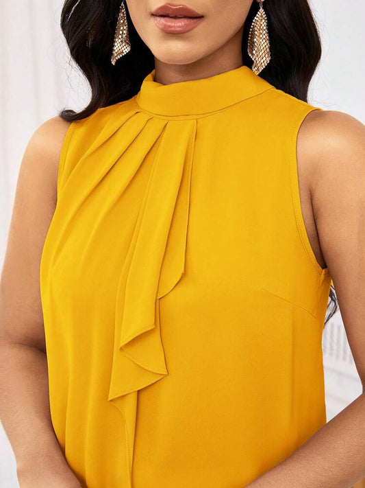 Ruffle open shoulder short sleeve blouse in yellow