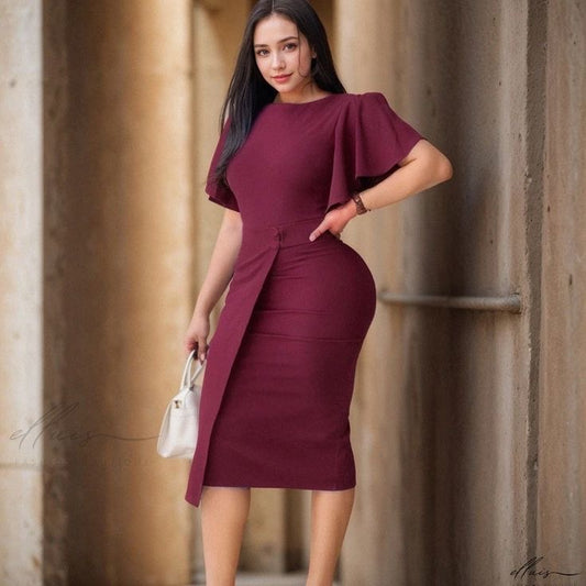 Ruffle sleeve sheath dress in burgundy