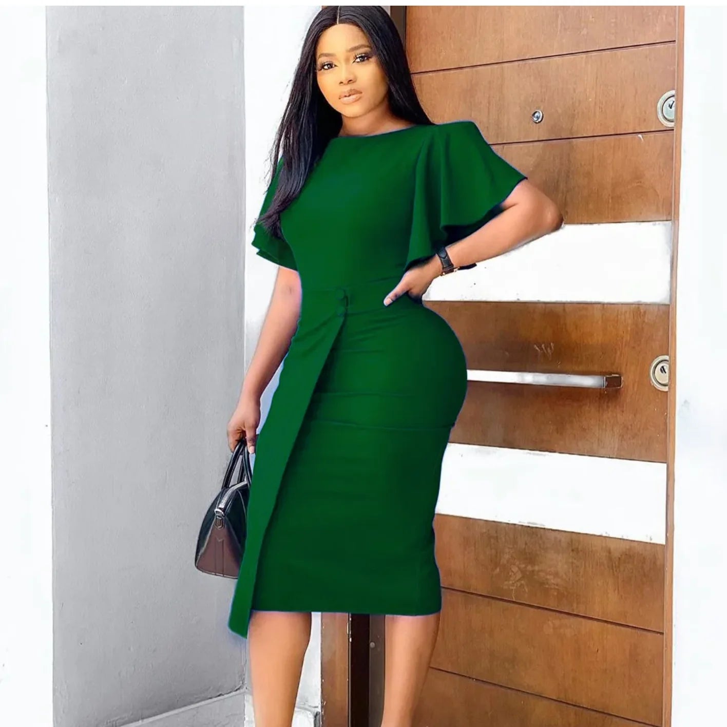 Ruffle sleeve sheath dress in green