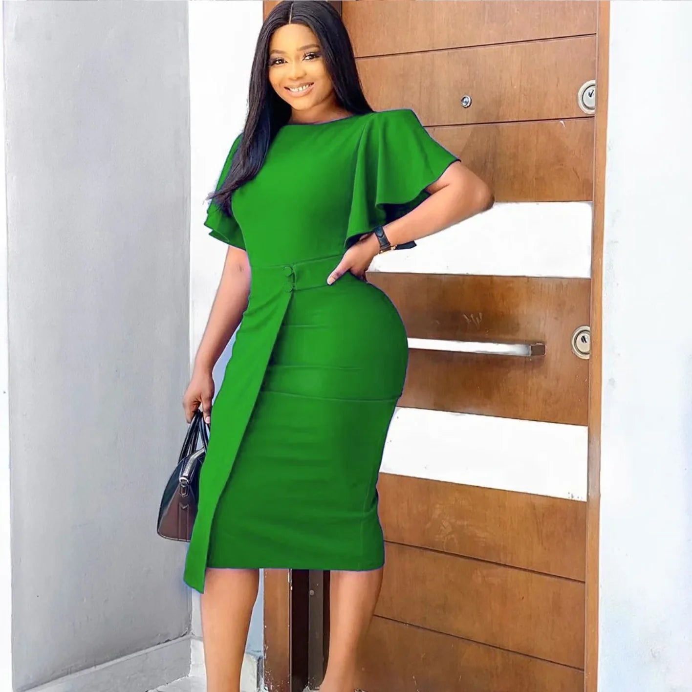 Ruffle sleeve sheath dress in green