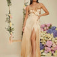 Ruffle trim tie side satin maxi in nude