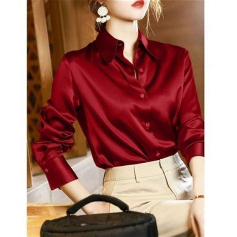 Satin button down long sleeve shirt in red