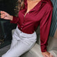 Satin button down long sleeve shirt in red