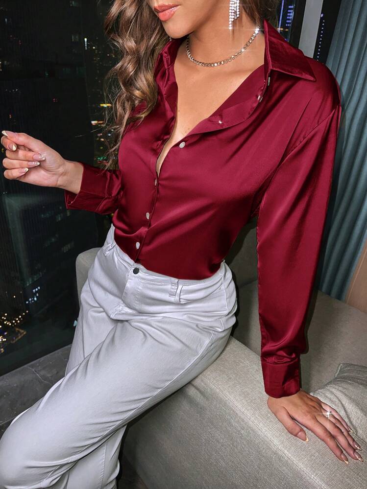 Satin button down long sleeve shirt in red