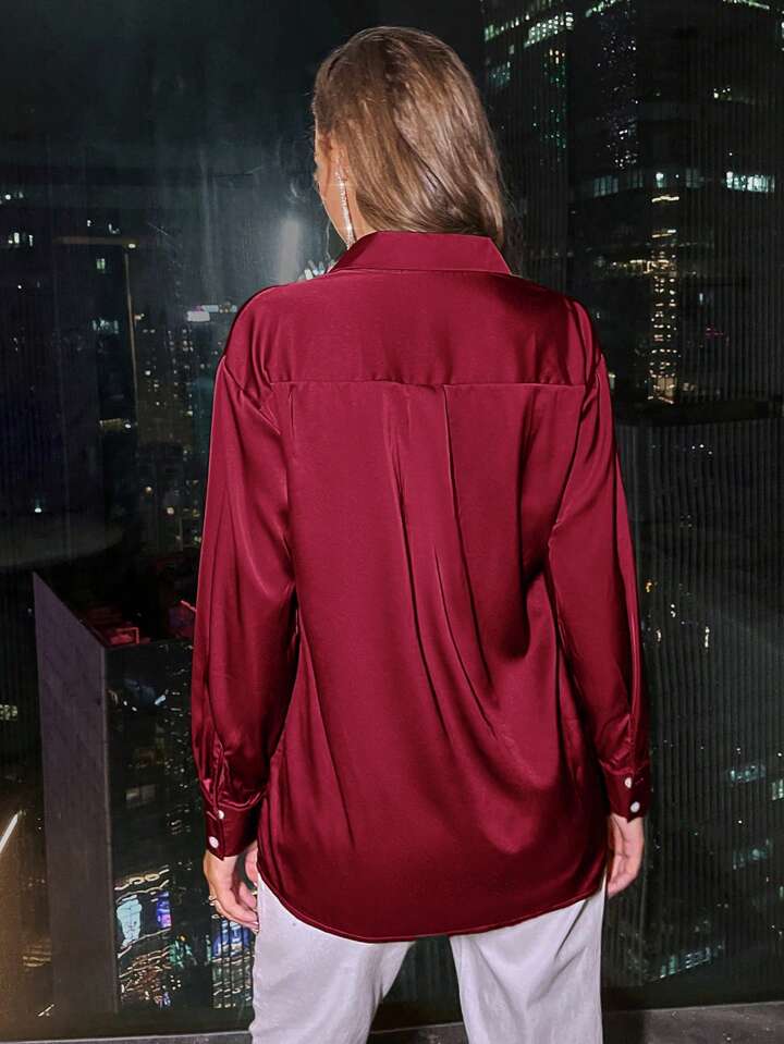 Satin button down long sleeve shirt in red