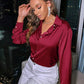 Satin button down long sleeve shirt in red